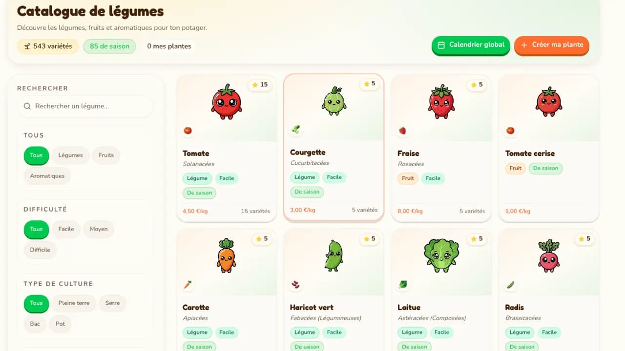 Aperçu du sélecteur de plantes Potagia sur ordinateur : grille de fiches détaillées avec tomates, courgettes et poivrons.