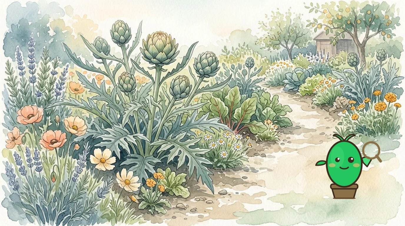 potager avec des artichauts en pleine croissance, entourés de fleurs colorées