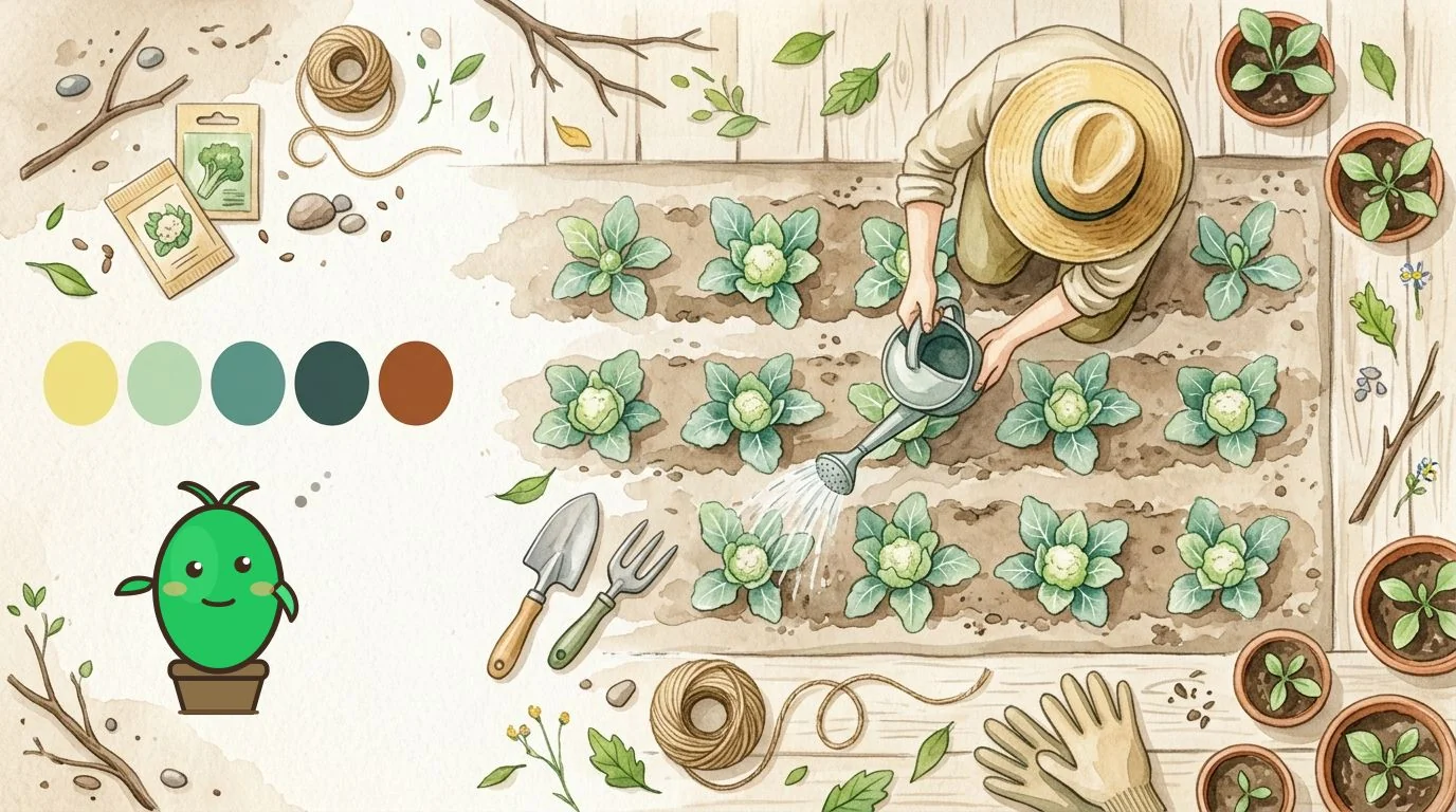 jardinier arrosant des plants de chou-fleur au jardin, le matin