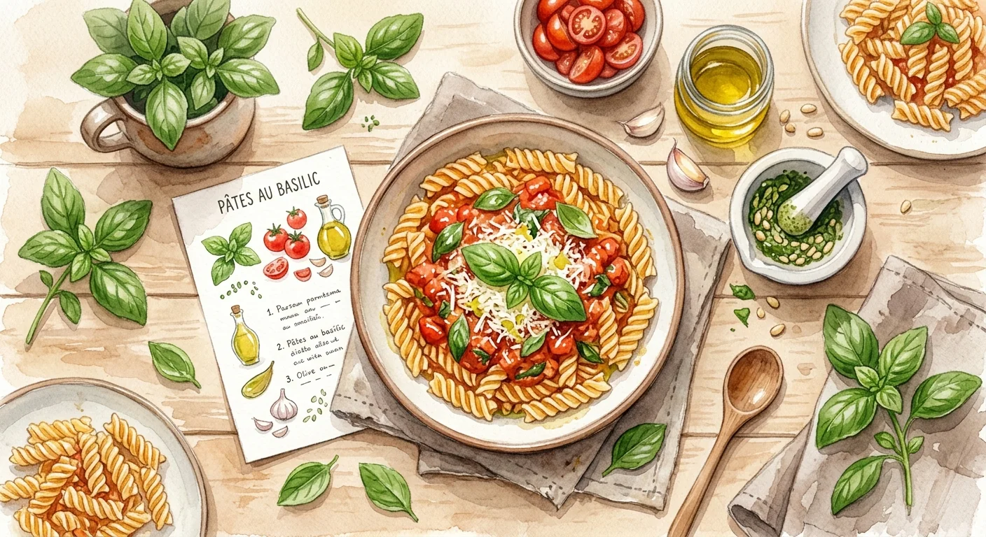 un plat de pâtes nappé de sauce tomate au basilic, garni de feuilles de basilic frais