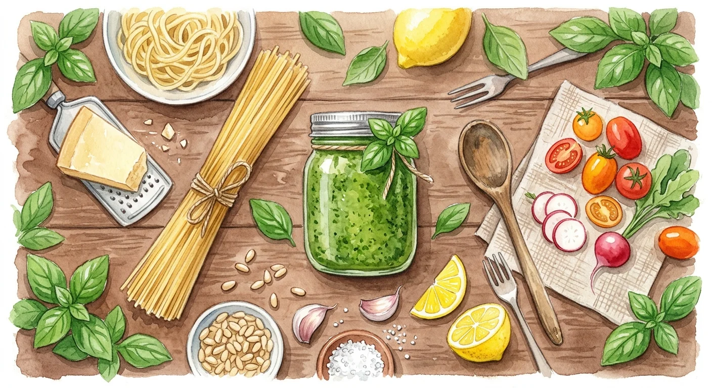 un bocal de pesto au basilic sur une table en bois, entouré de pâtes et de fromage