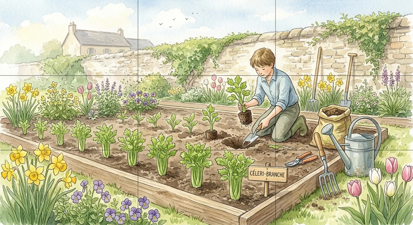 jeune jardinier transplantant des plants de céleri dans un potager