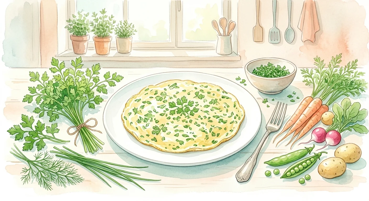 omelette au cerfeuil joliment présentée sur une assiette blanche