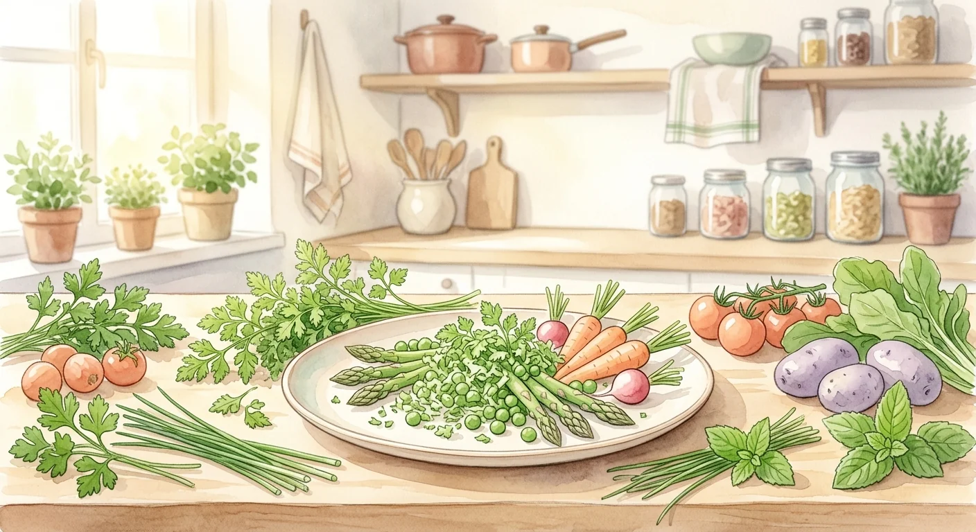 un chef préparant un plat avec du cerfeuil frais en cuisine