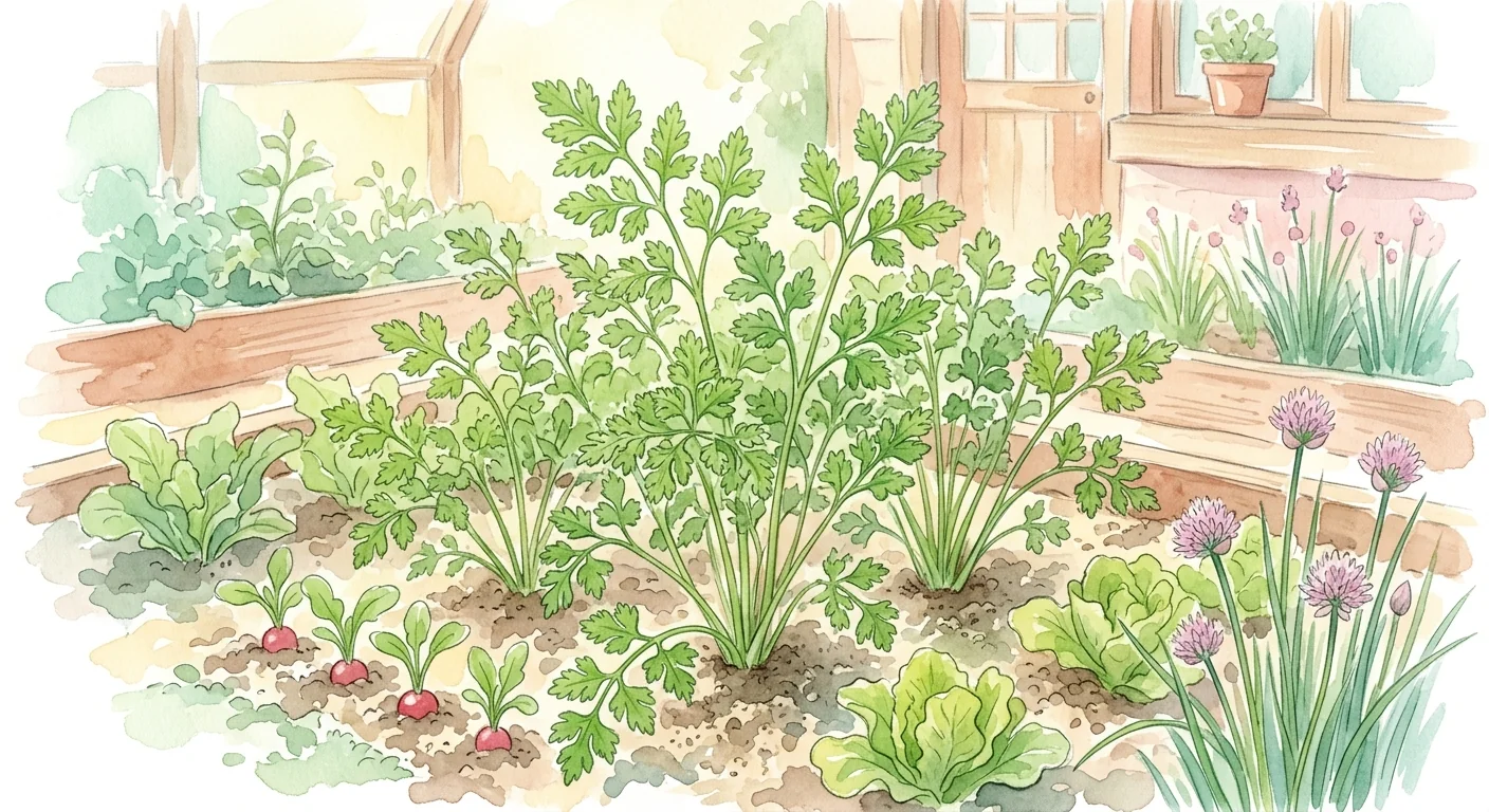 potager avec des plants de cerfeuil bien entretenus sous le soleil