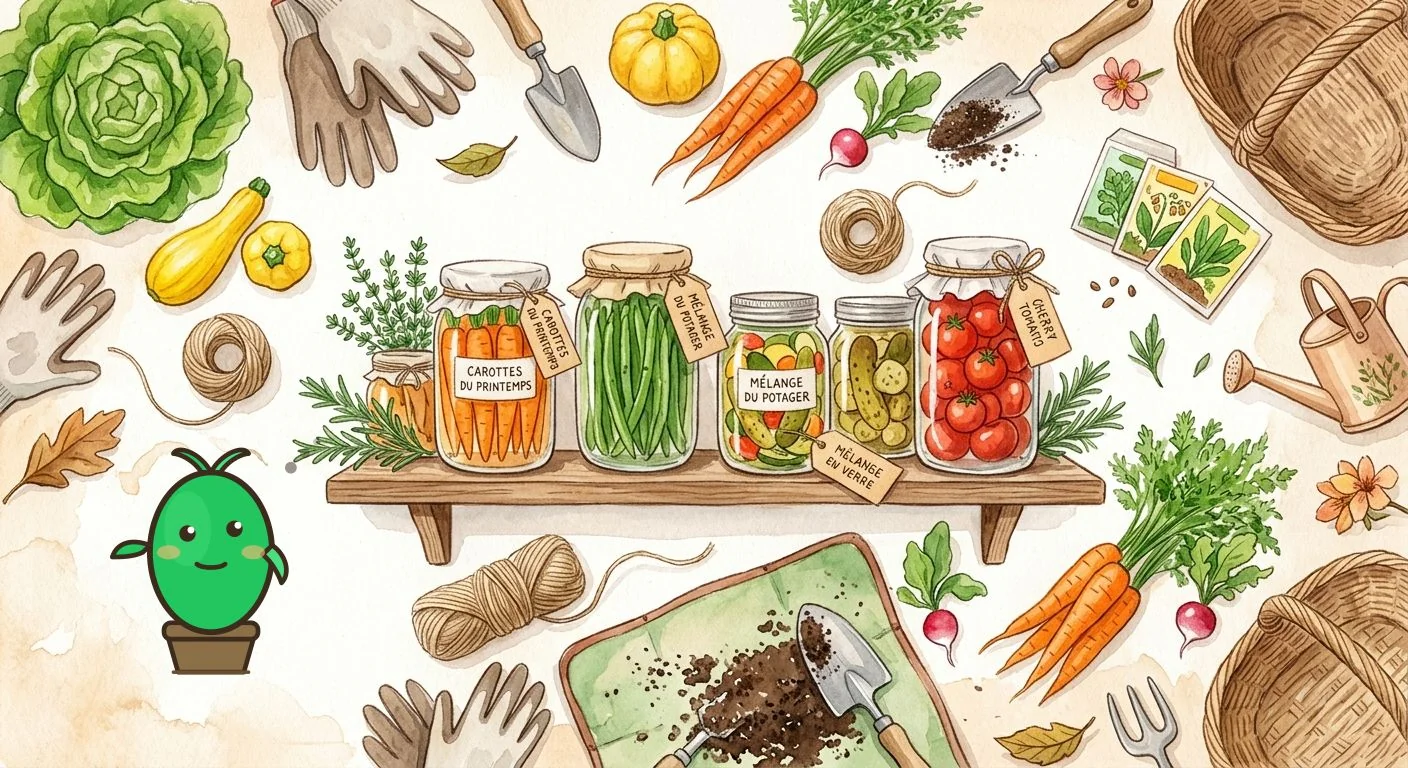 bocaux en verre remplis de légumes colorés sur une étagère