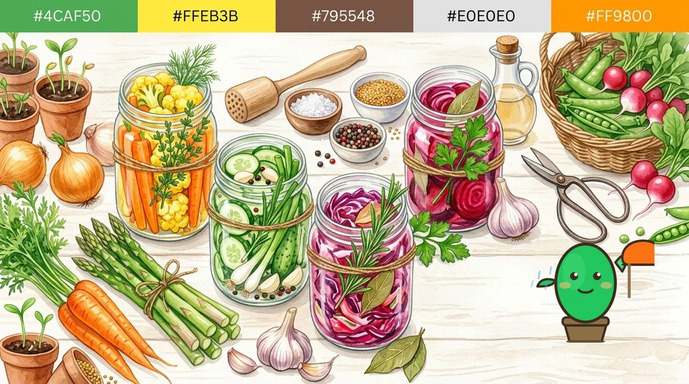 bocaux de légumes fermentés, décorés avec des herbes fraîches