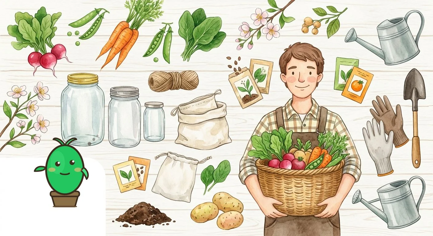 un jardinier souriant tenant un panier de légumes frais, prêt à les conserver