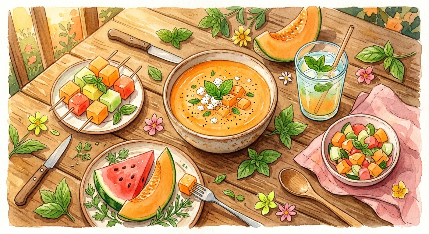 soupe froide de melon servie dans un bol avec une décoration de feta