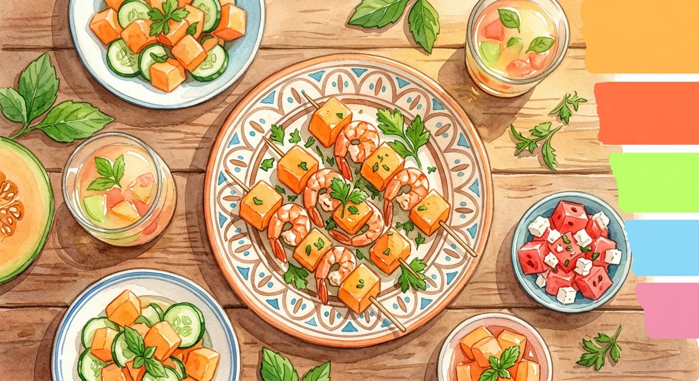 brochettes de melon et crevettes sur une assiette colorée