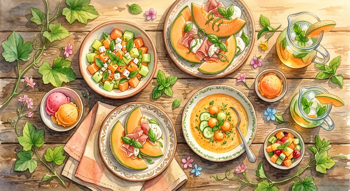 une belle table d'été garnie de plats à base de melon, entourée de verdure