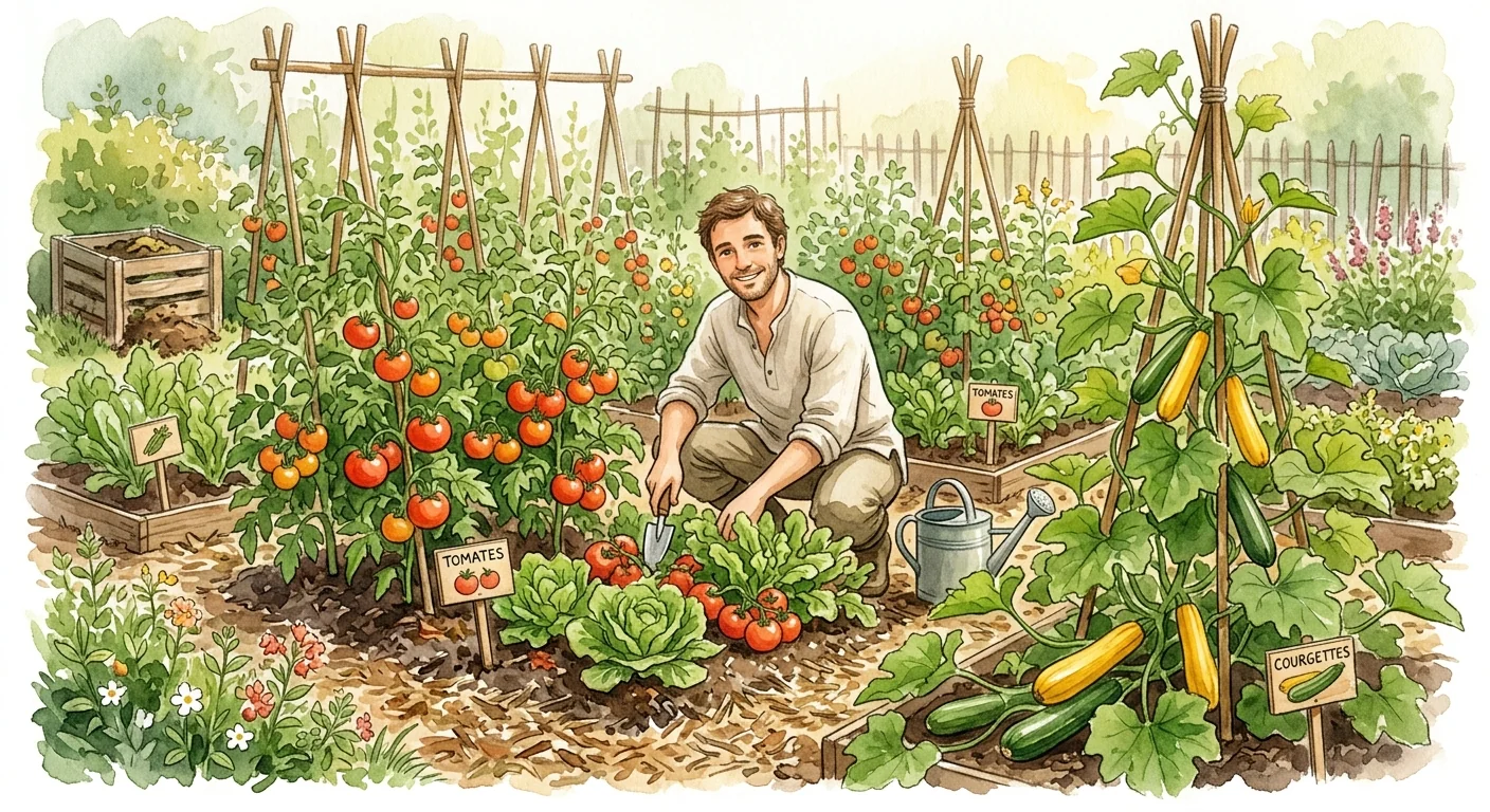 potager en pleine croissance, avec des tomates et des courgettes bien visibles