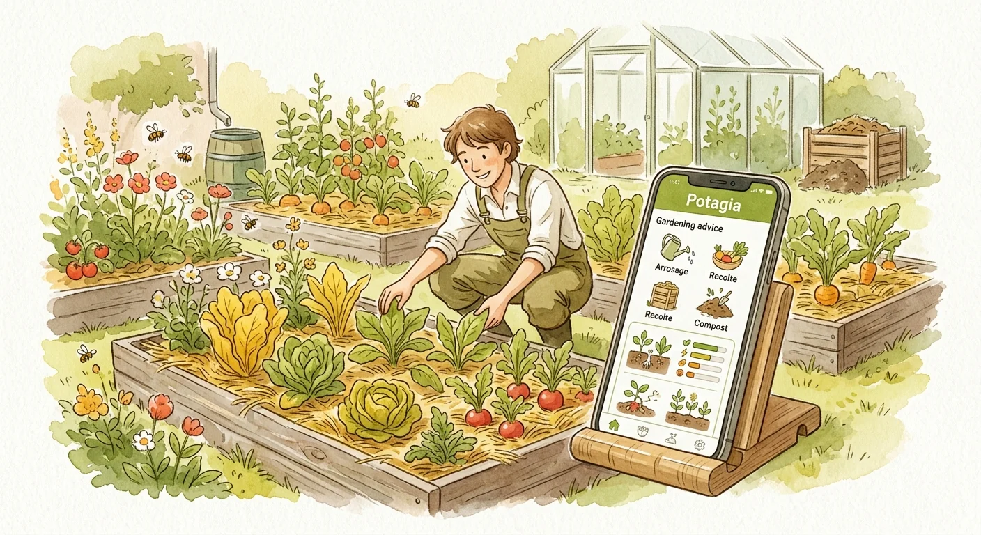 application Potagia sur un smartphone avec des conseils de jardinage affichés