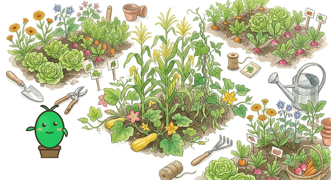 maïs doux entouré de courges et de haricots dans un potager