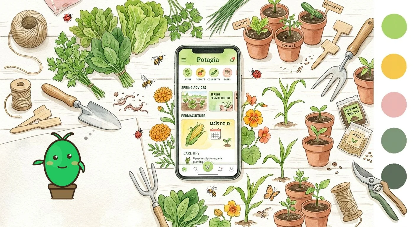 application Potagia affichant des conseils de jardinage sur un smartphone