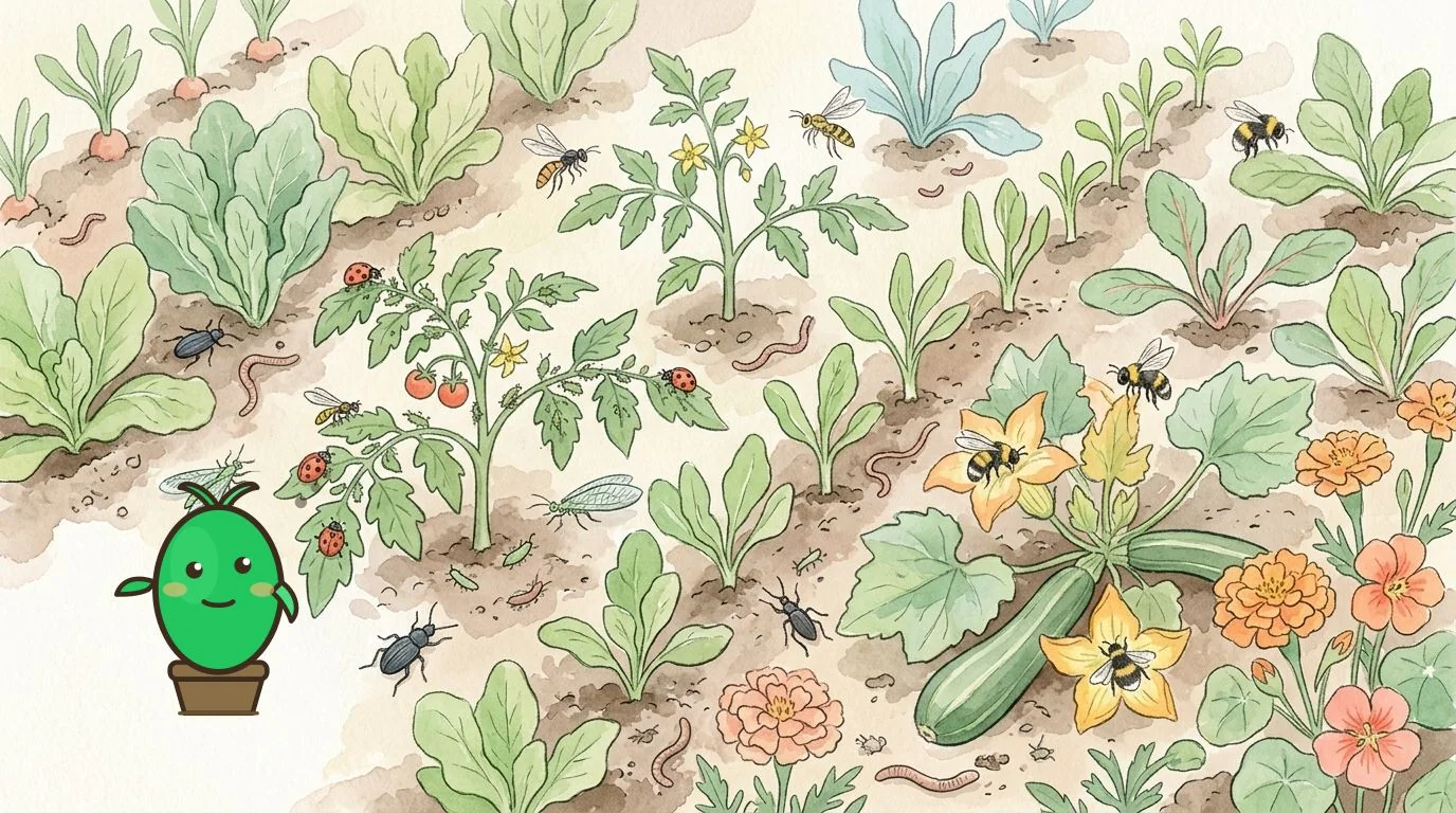 un potager florissant avec des insectes auxiliaires en action