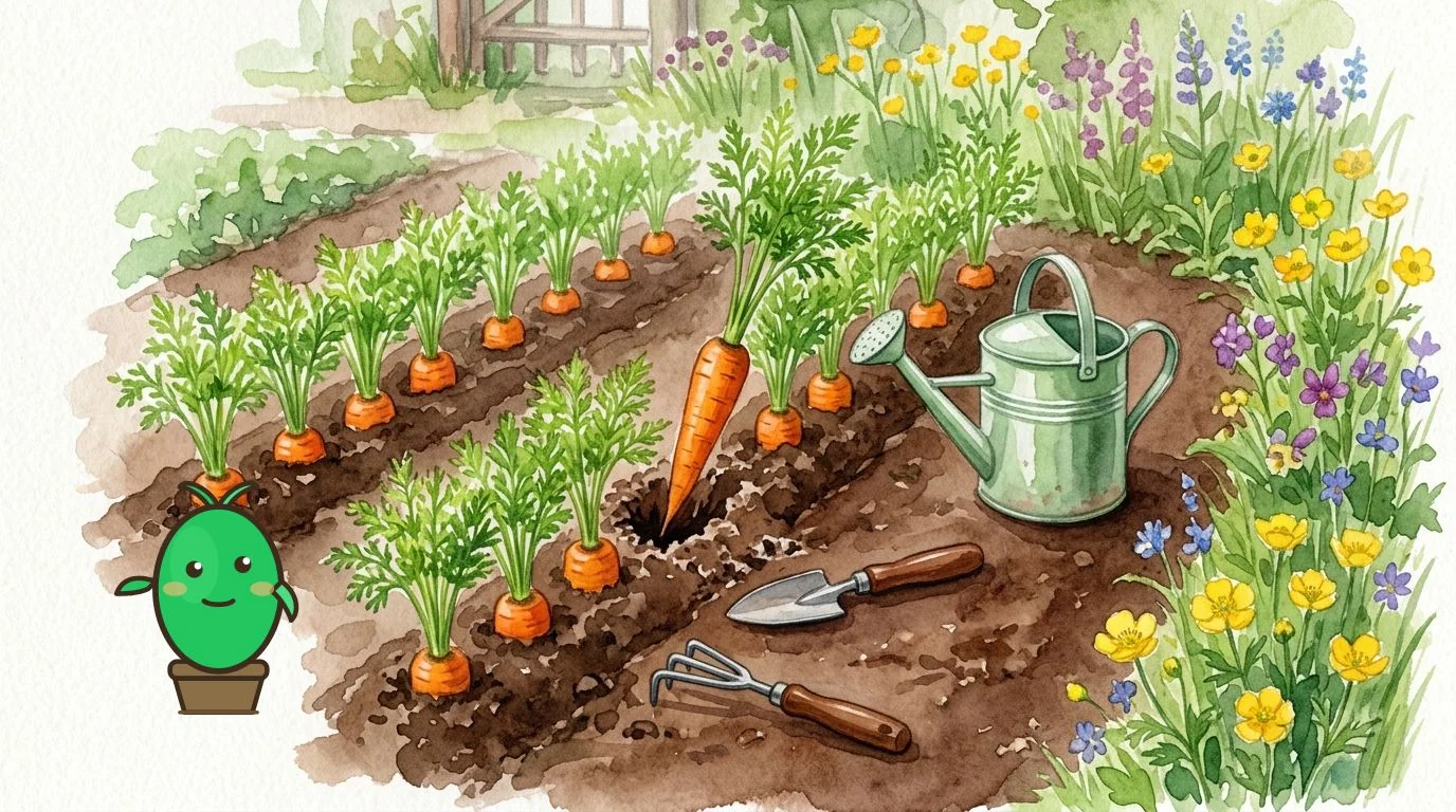 récolte de carottes, avec un jardinier tirant délicatement les racines du sol