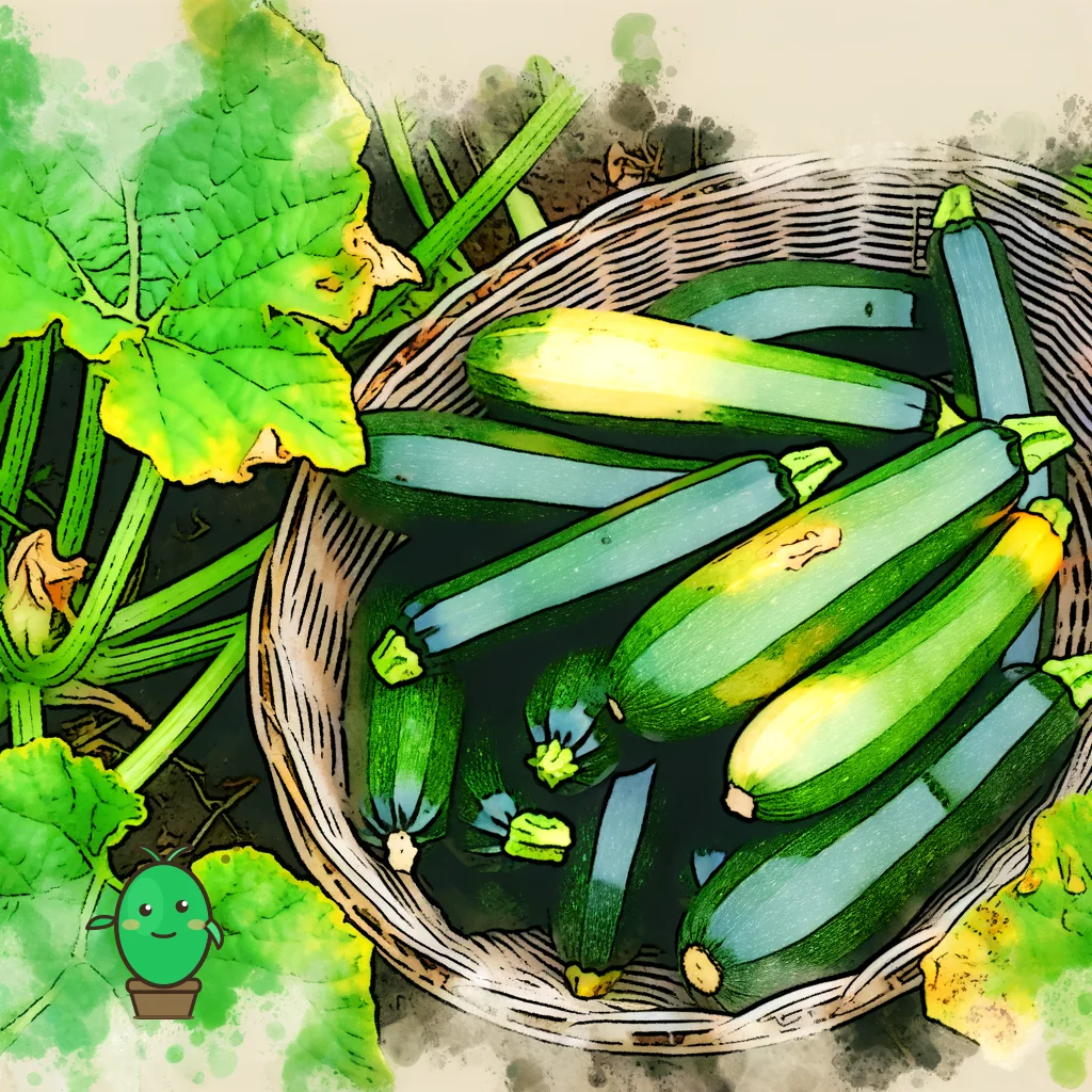 récolte de courgettes fraîches dans un panier en osier, entourées de verdure