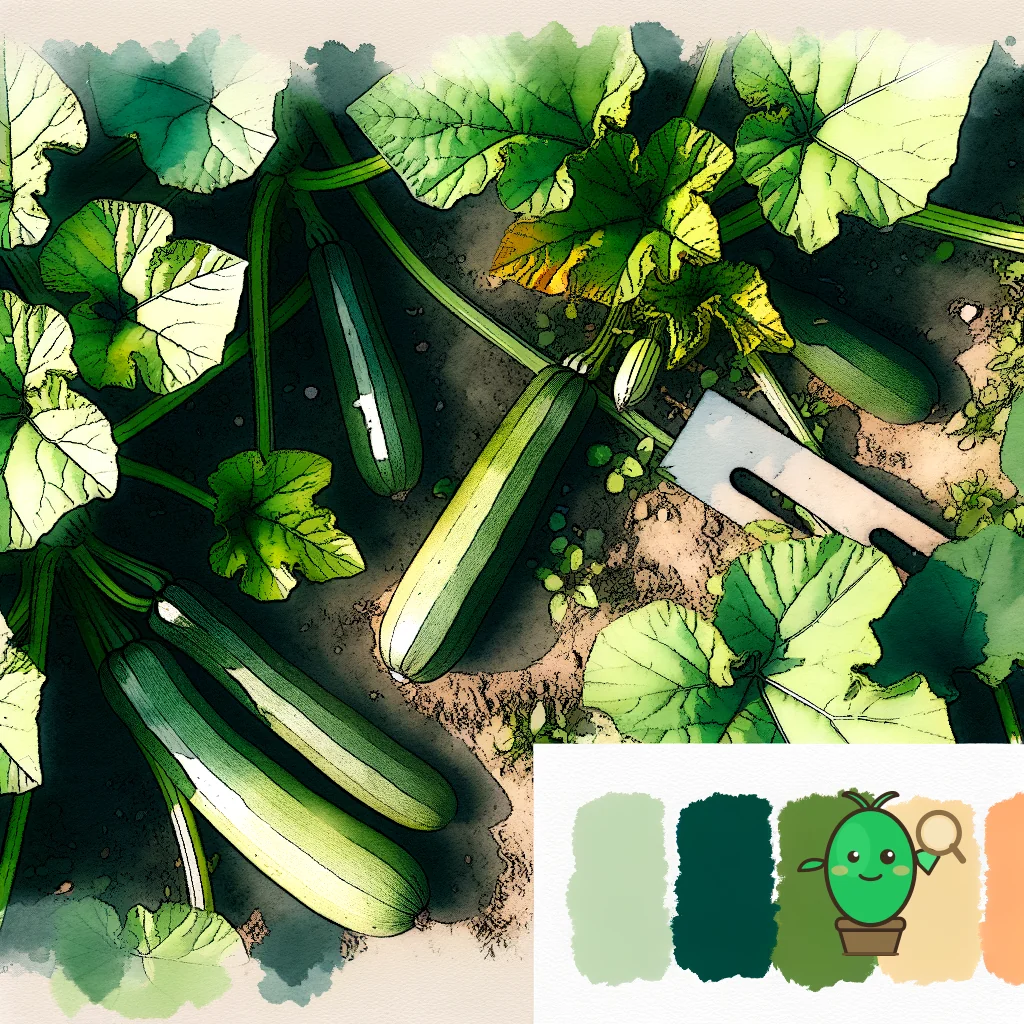 panorama d'un potager en pleine saison estivale, avec des courgettes bien développées