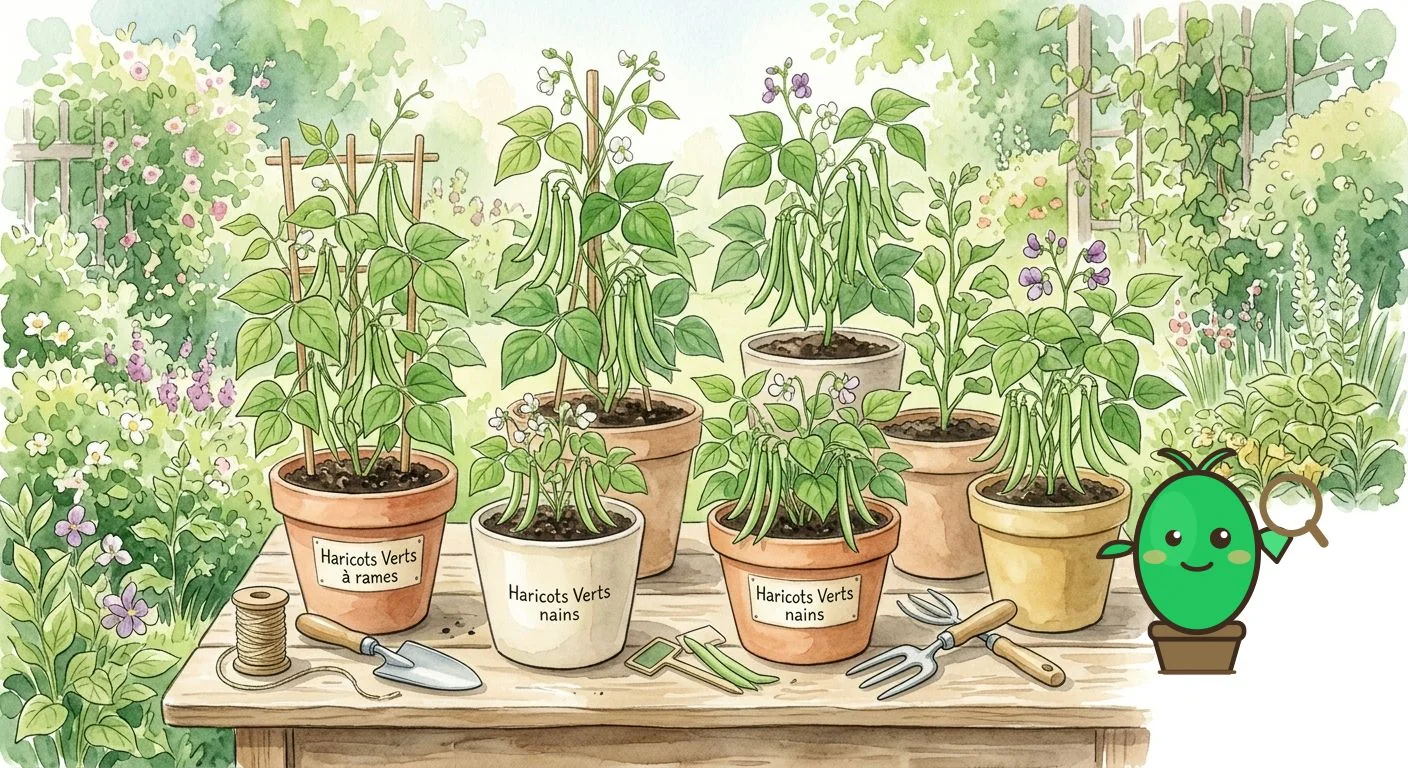 variétés de haricots verts en pots sur une table de jardin