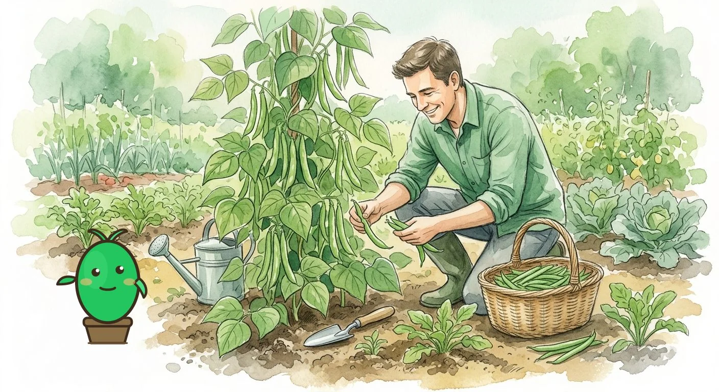 jardinier souriant récoltant des haricots verts dans son potager
