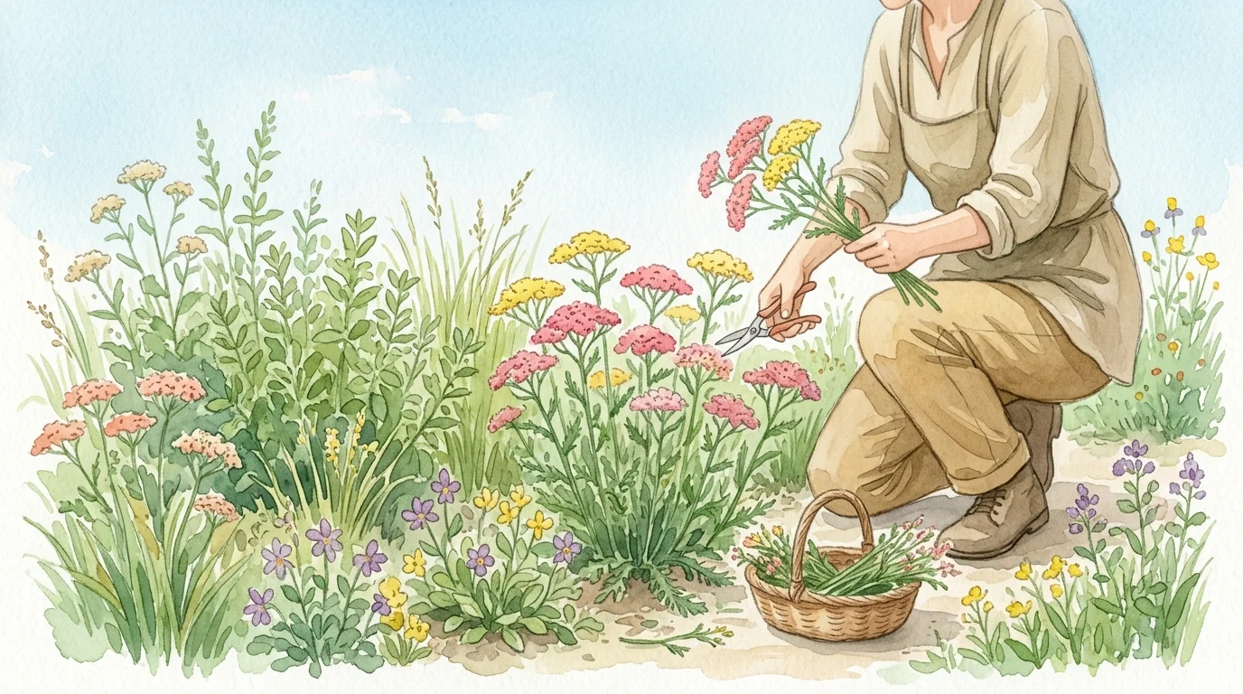 un jardinier en train de couper des tiges d'achillée millefeuille, entouré de fleurs colorées