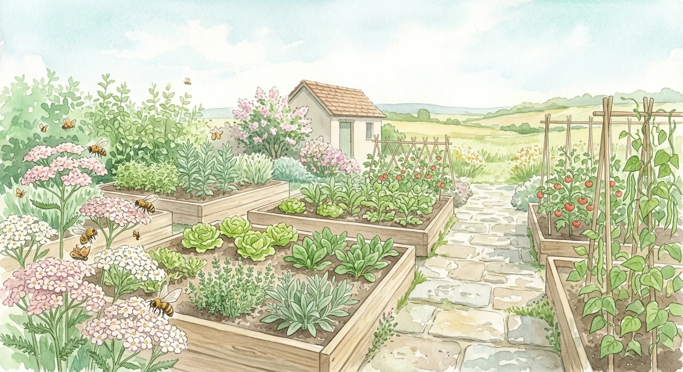 un potager fleurissant avec des achillées millefeuille, attirant des abeilles et des papillons