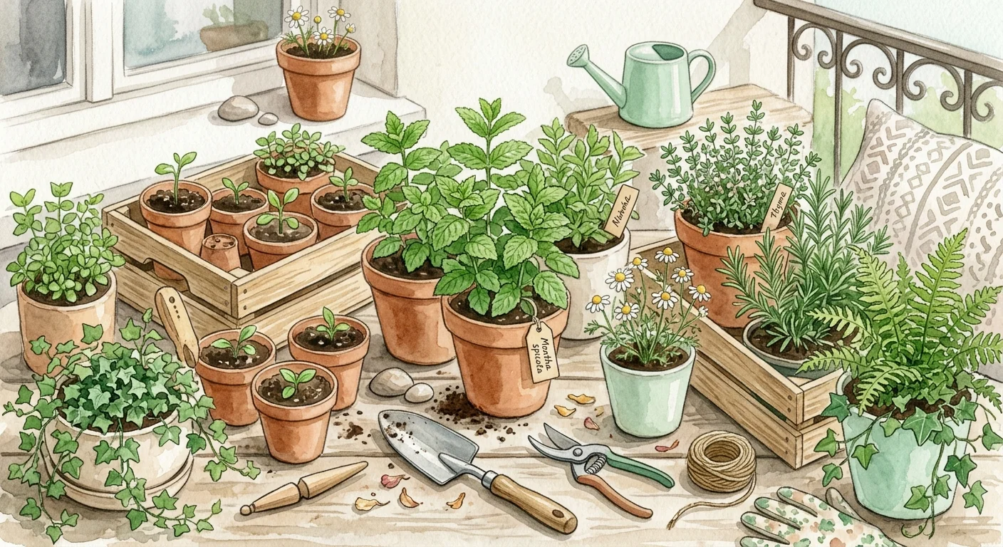 balcon urbain avec différents pots de plantes, dont de la menthe