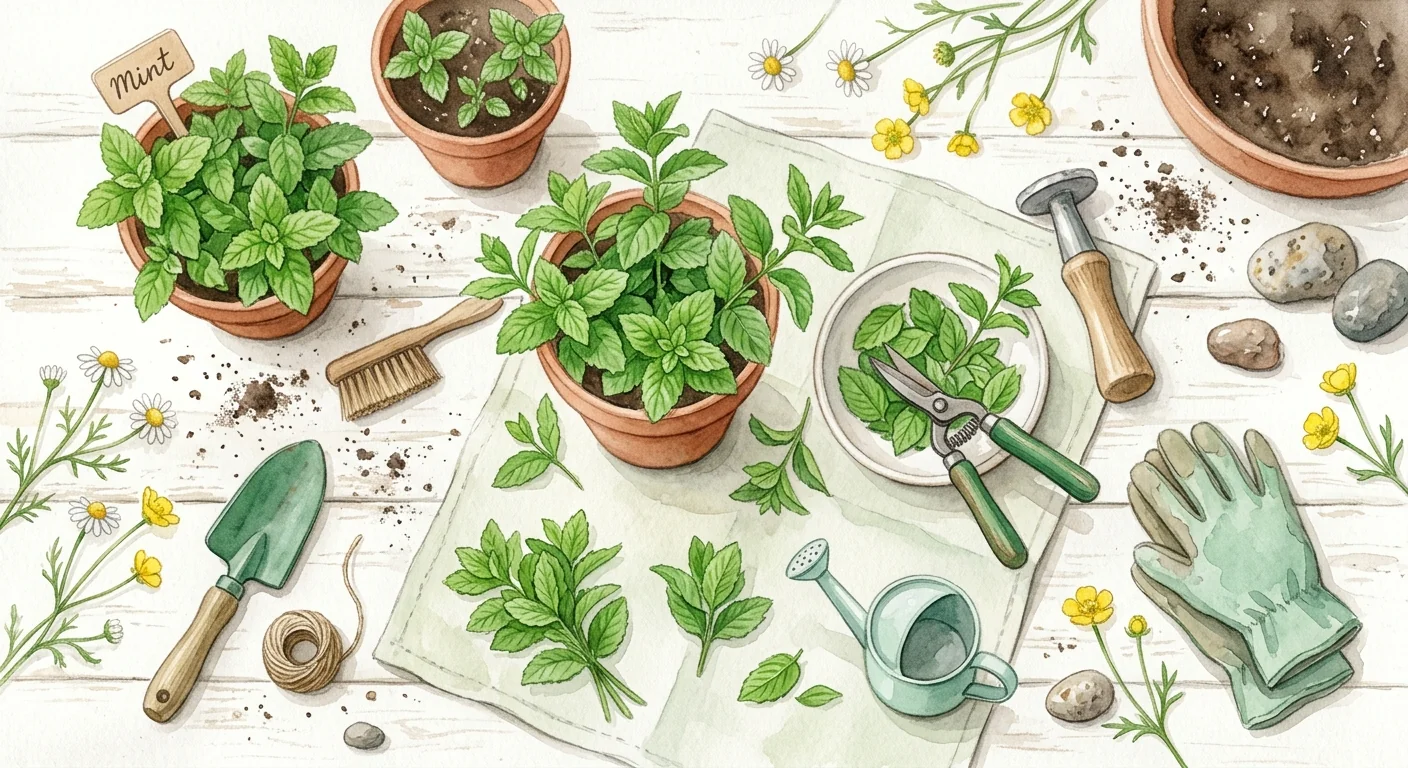 mains de jardinier récoltant des feuilles de menthe fraîches
