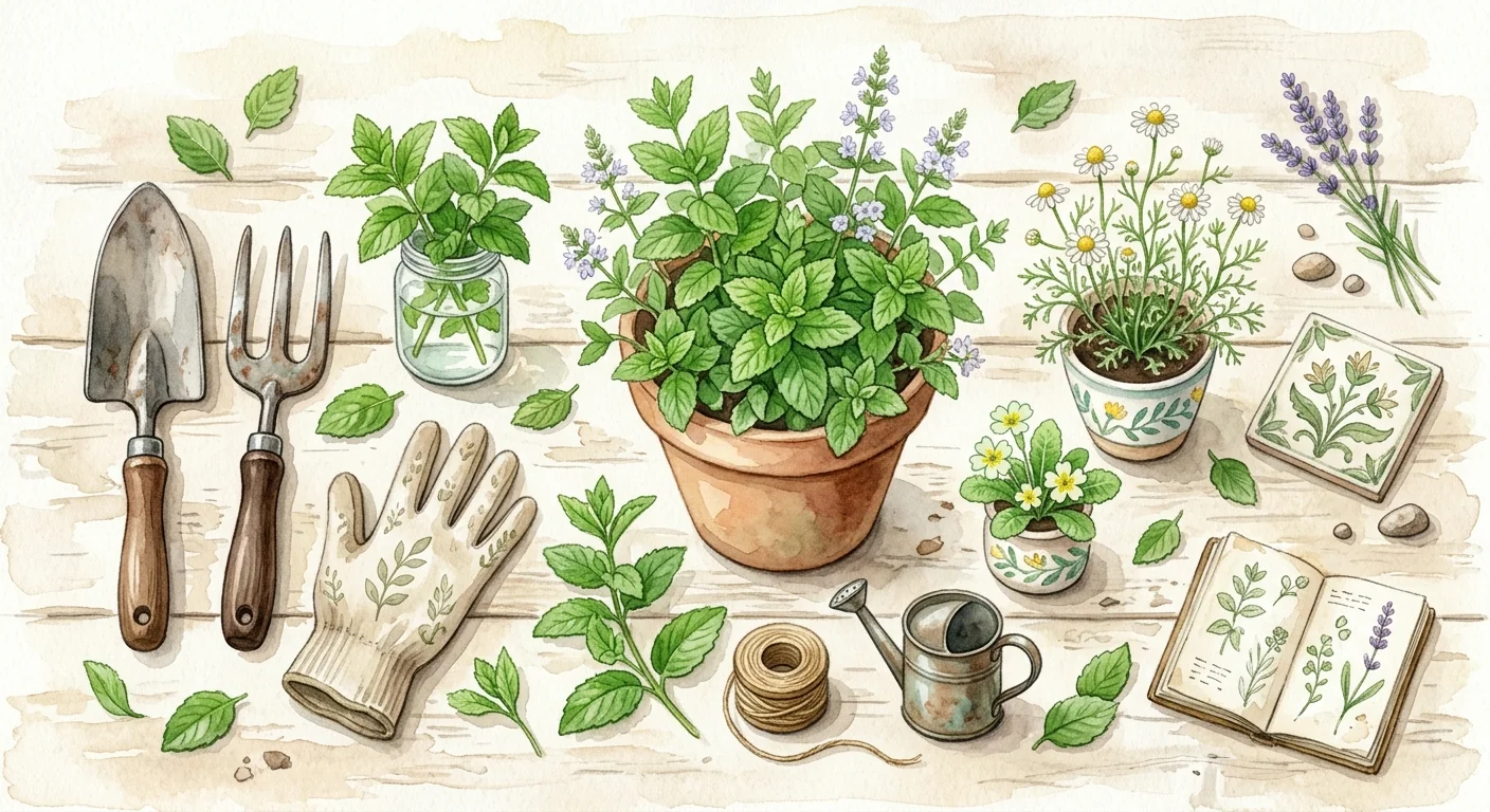 jardinier heureux avec un pot de menthe et des outils de jardinage