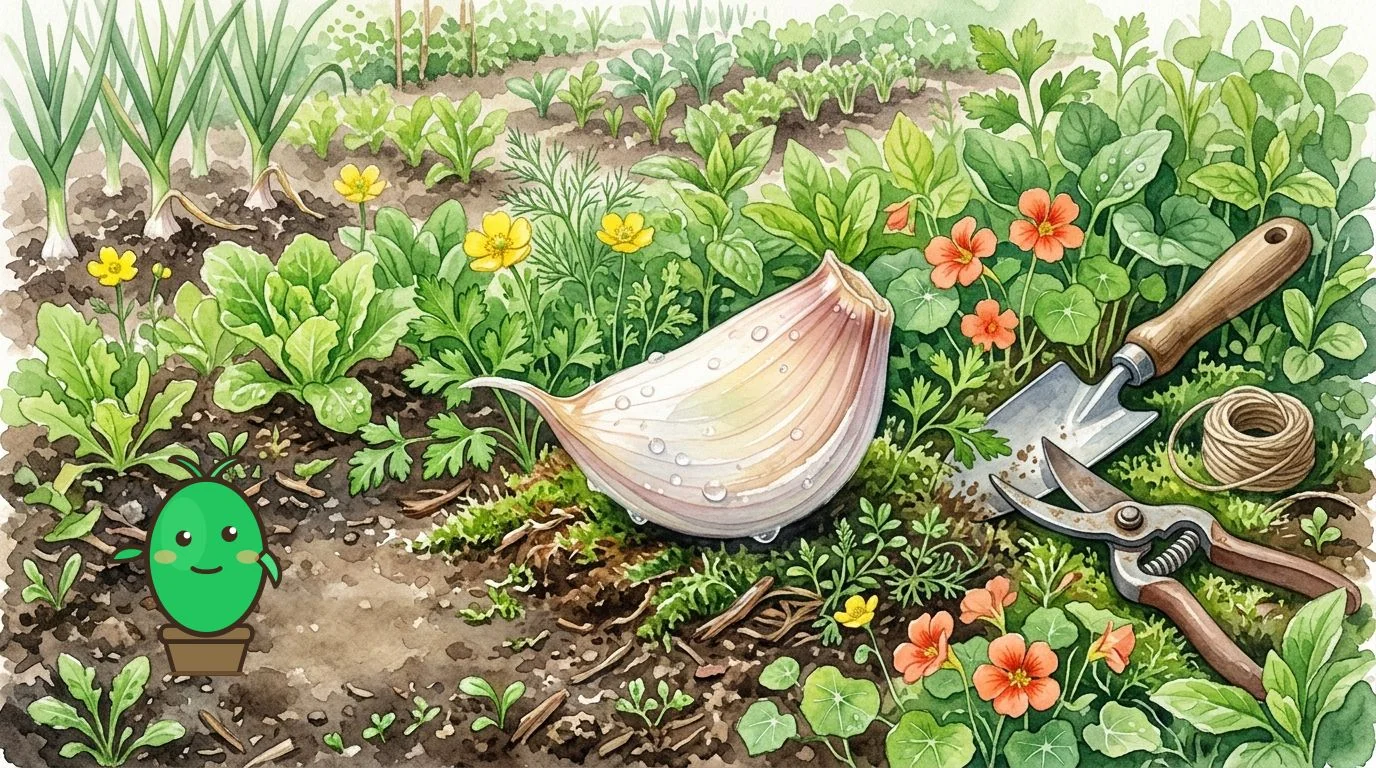 close-up sur une gousse d'ail fraîche, avec des gouttes de rosée sur la peau