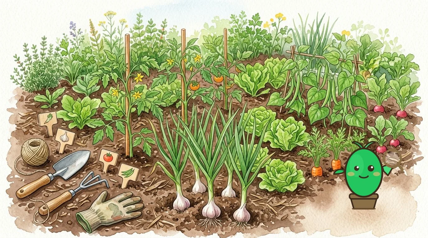 vue d'ensemble d'un potager avec des plants d'ail, tomates et autres légumes
