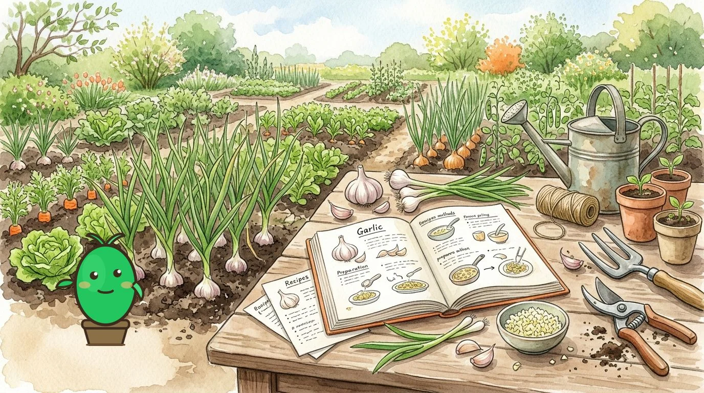 table de cuisine avec des recettes à base d'ail, livre de recettes ouvert