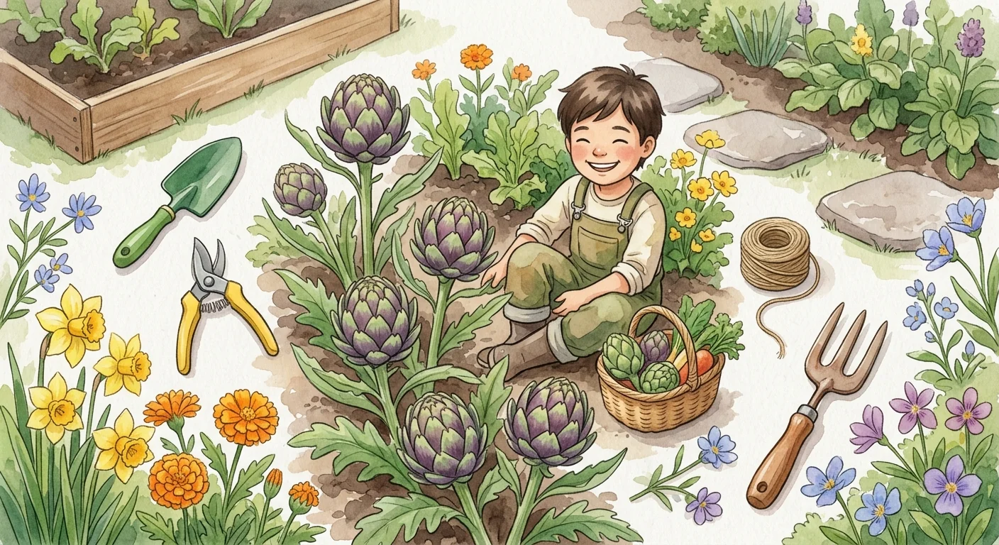 jeune jardinier récoltant des artichauts dans un jardin familial, sourire aux lèvres