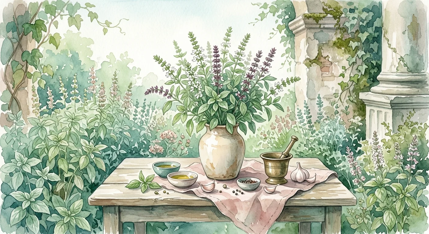 table en bois avec un bouquet de basilic et des ingrédients de cuisine