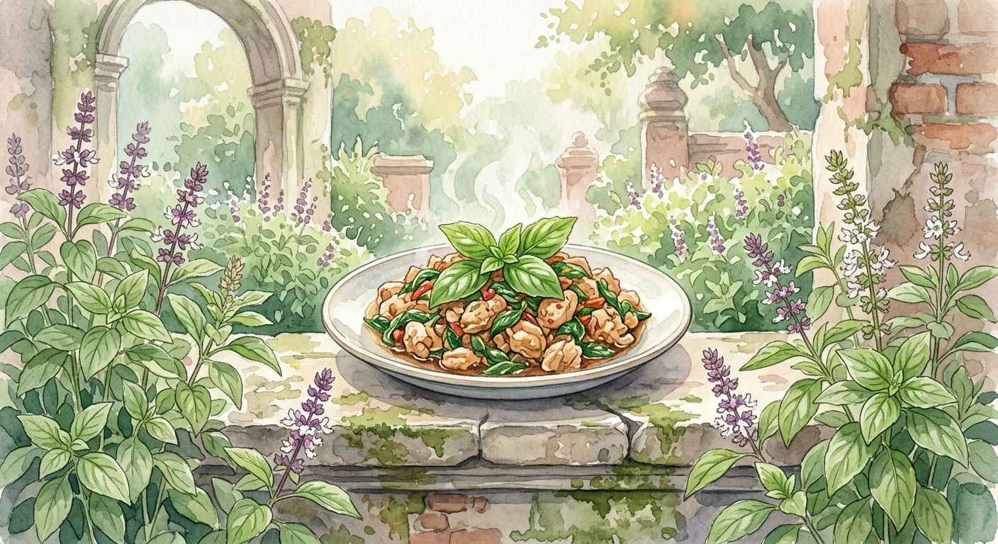 un plat thaïlandais avec du basilic frais en garniture