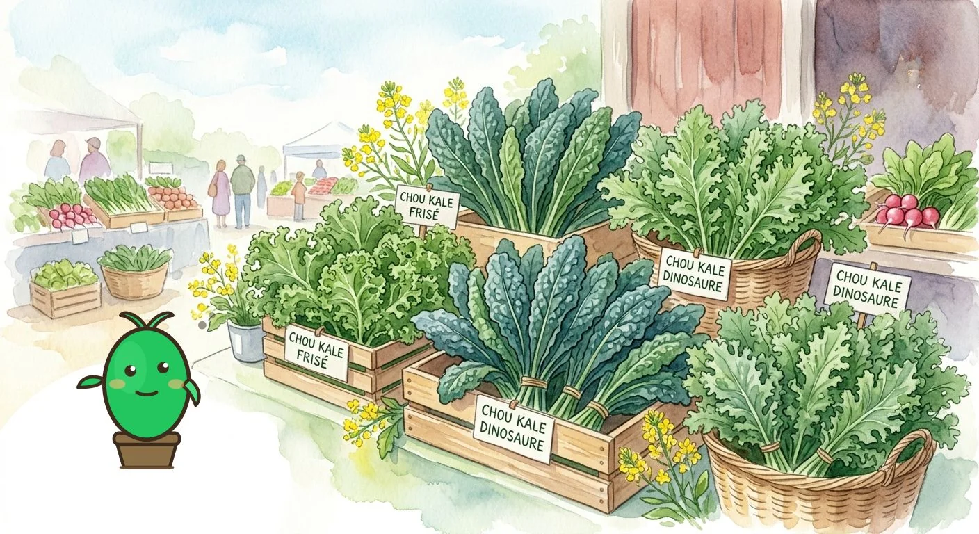 variétés de chou kale présentées sur un marché local