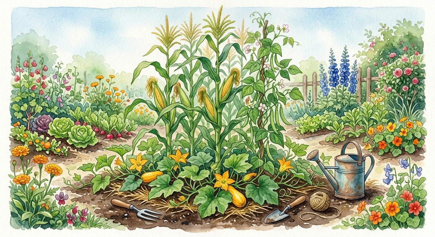 maïs doux, haricots et courges cultivés côte à côte dans un potager, illustrant une belle association