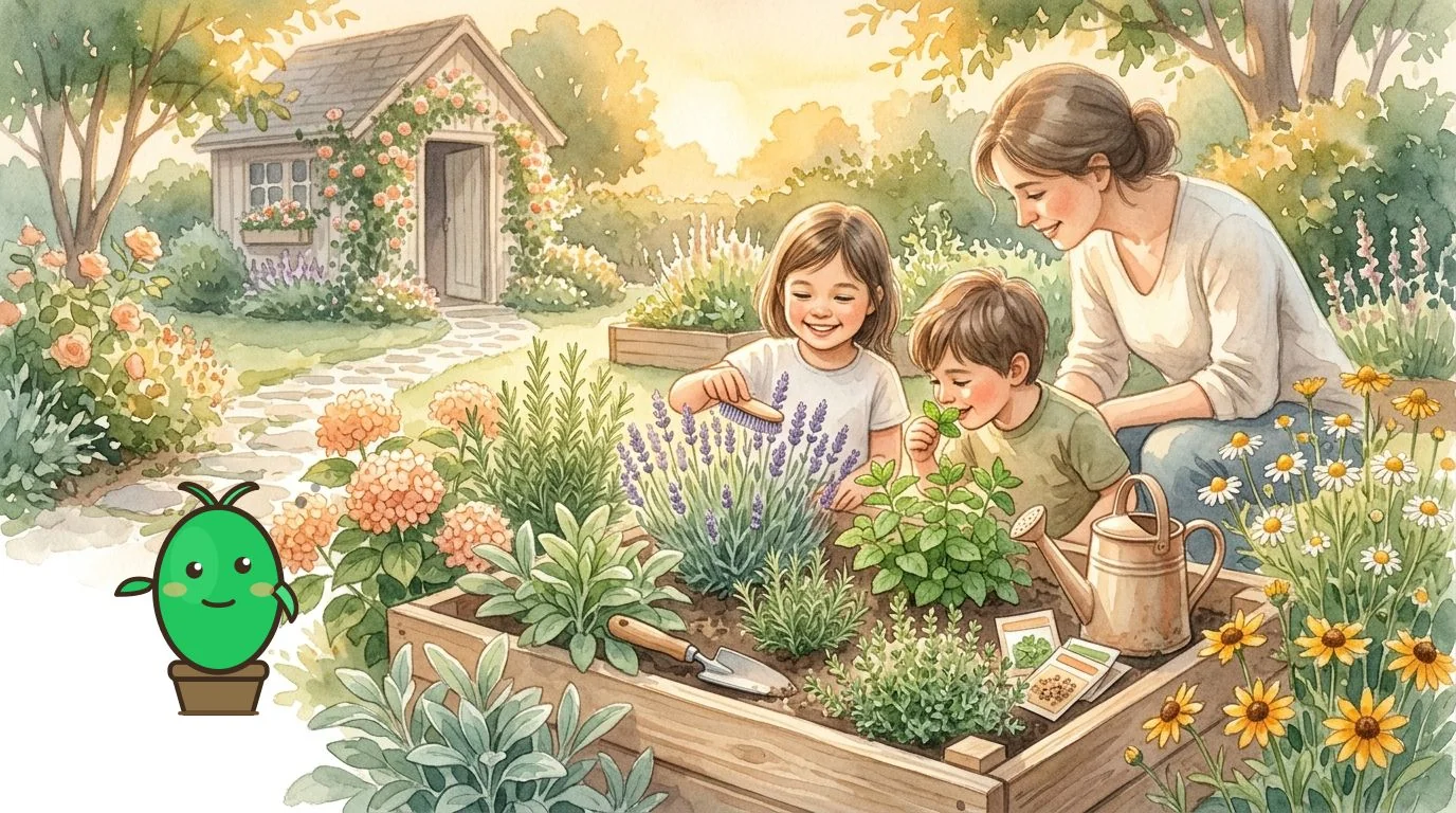 enfants touchant des plantes aromatiques dans un jardin sensoriel