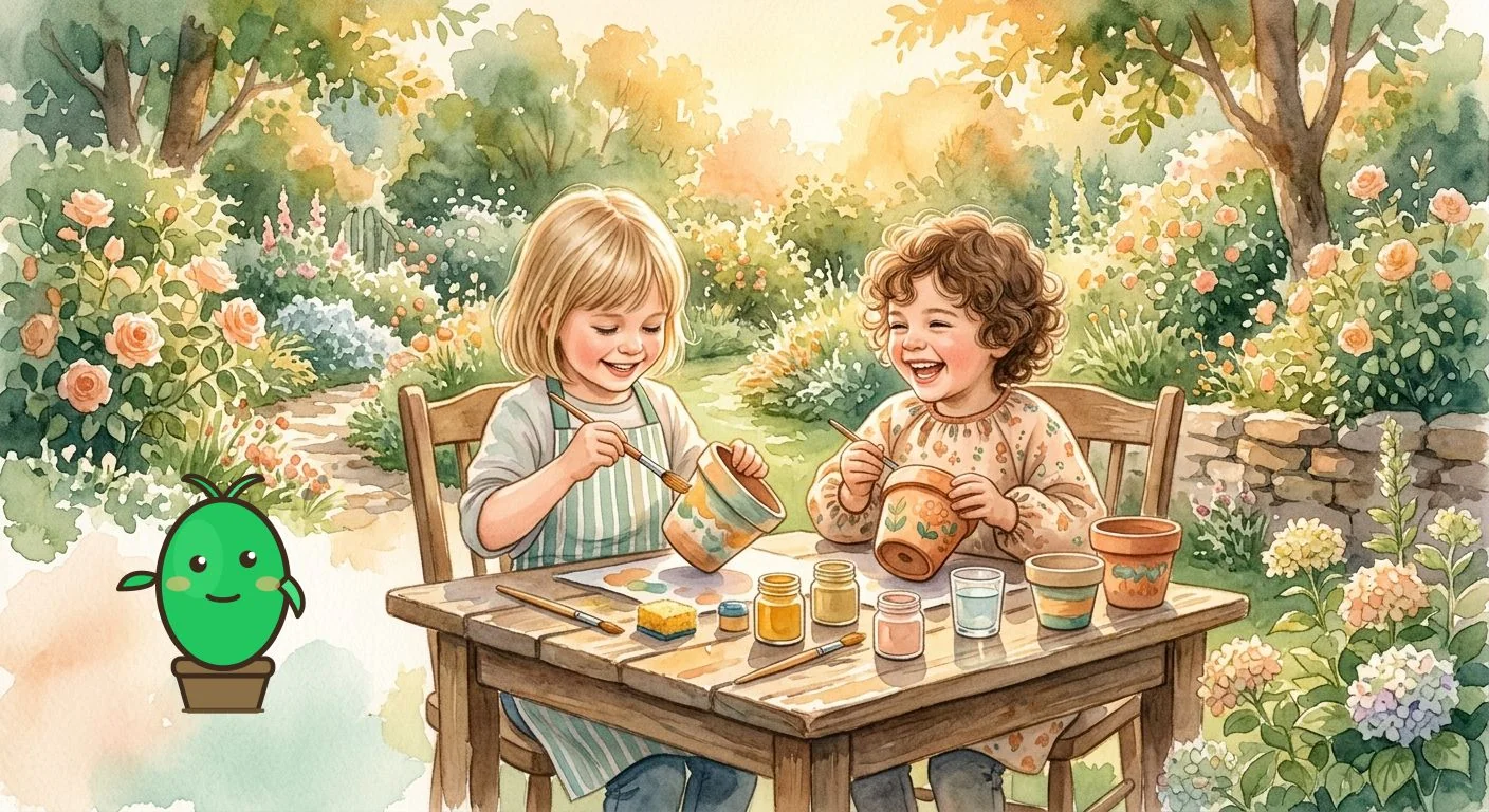 enfants peignant des pots de fleurs sur une table en plein air