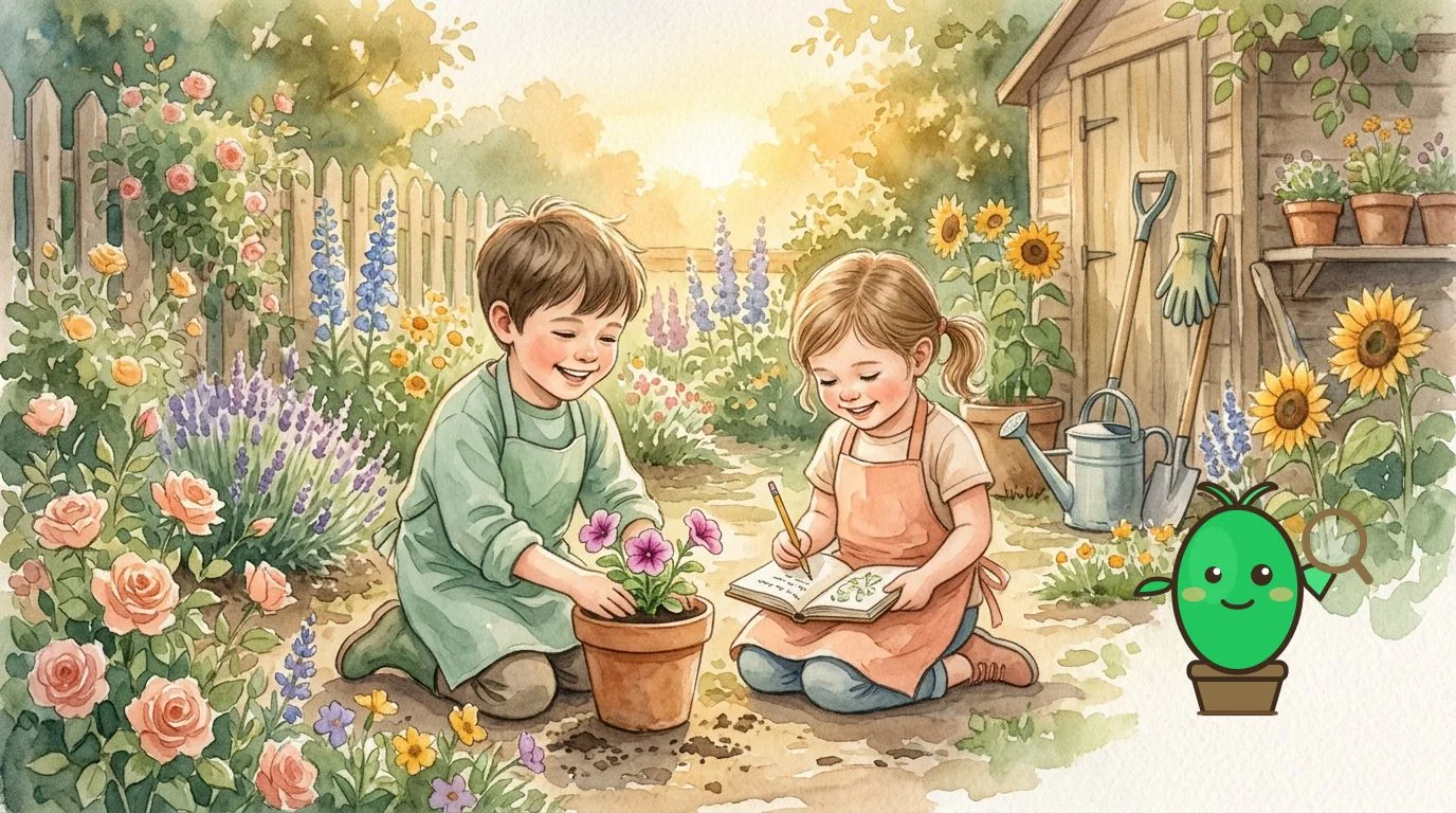 enfant écrivant dans un carnet de jardin en plein air