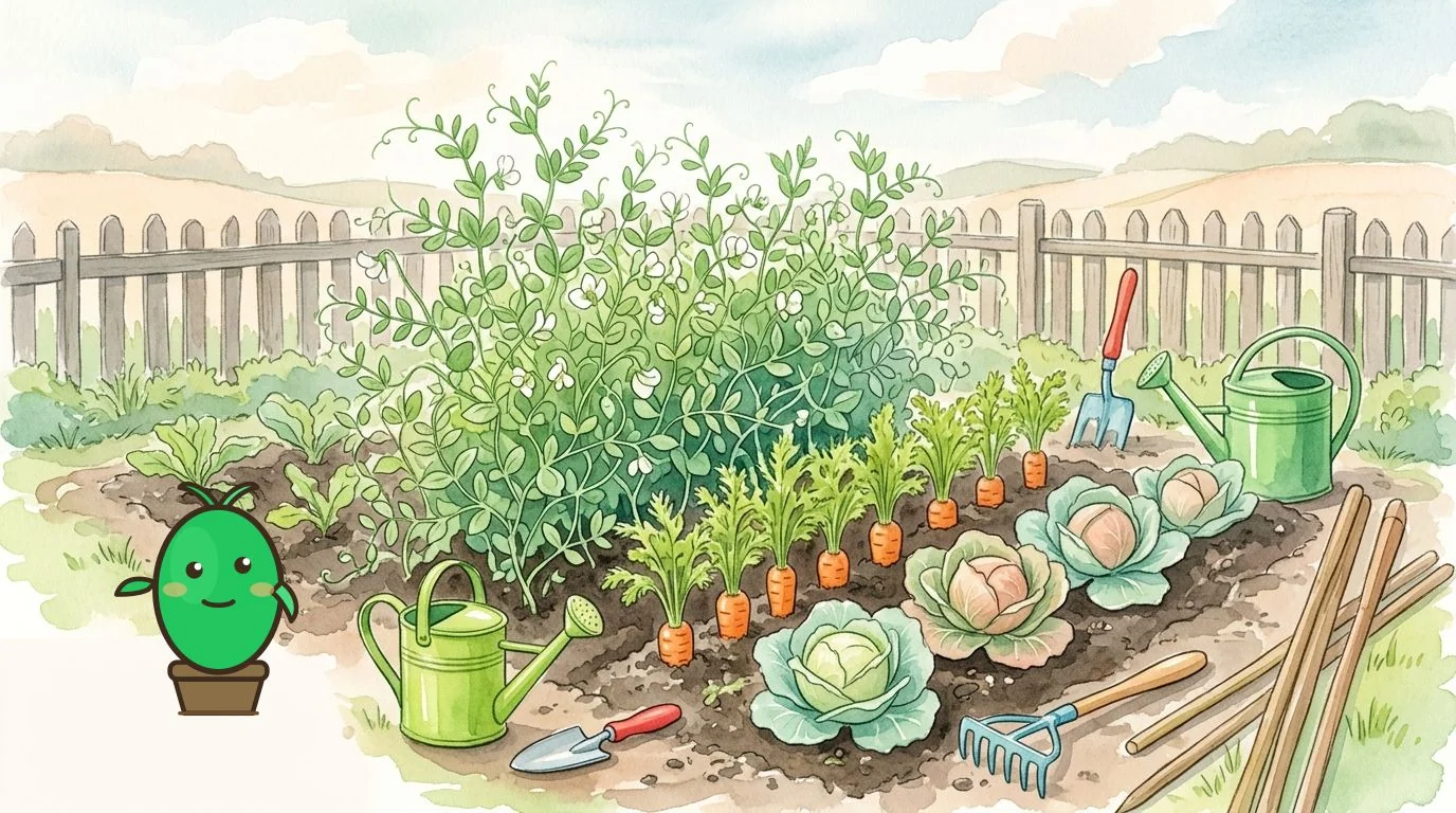 potager avec des lentilles, carottes et choux cultivés ensemble