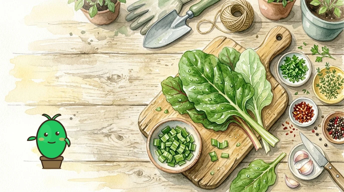 préparation de blettes fraîches sur une planche à découper avec des herbes et des épices