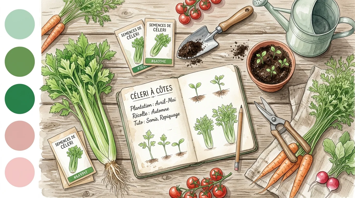 une table de jardinier avec des outils, des semences de céleri, et un carnet de notes