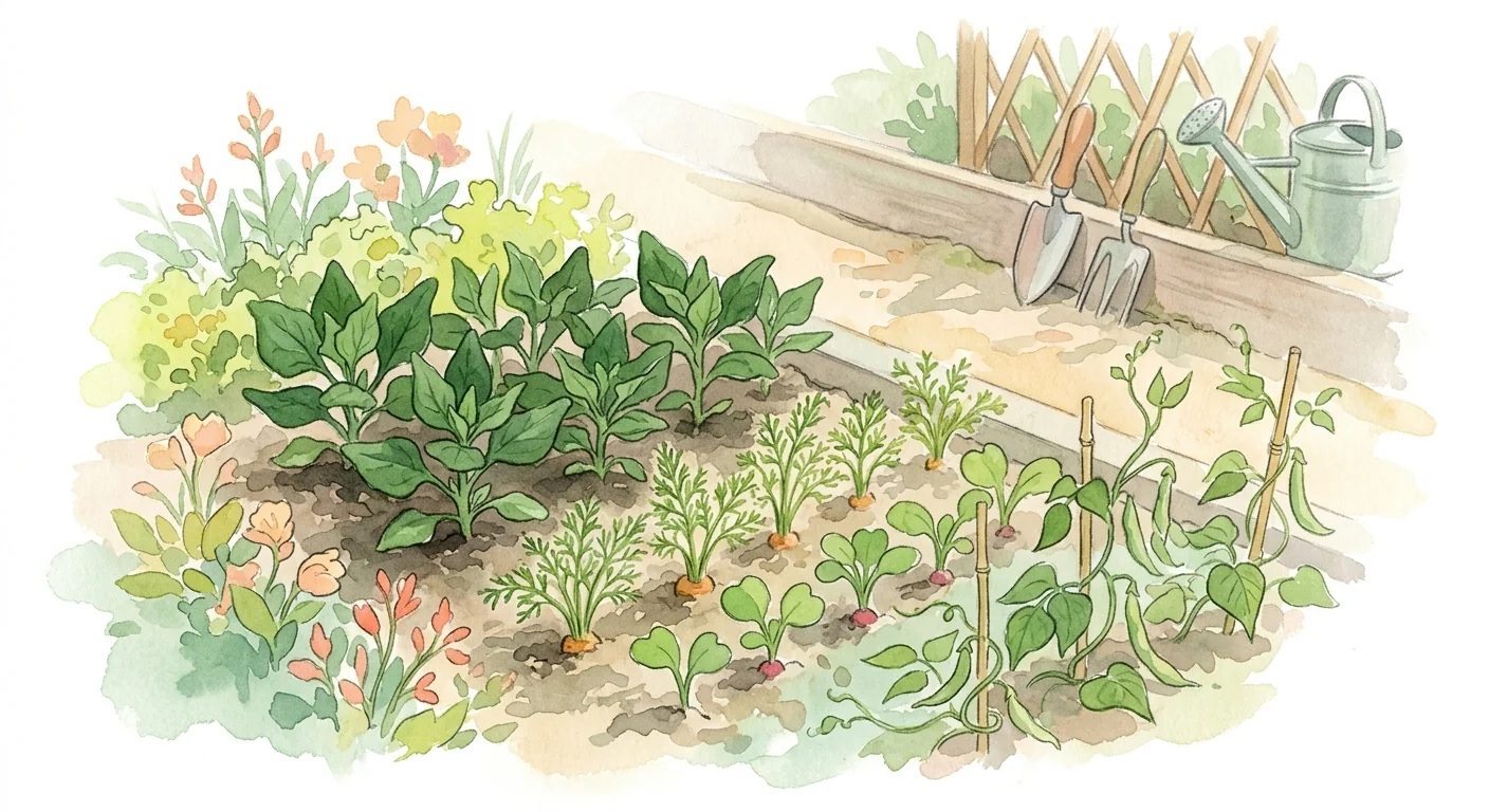 semis de tétragone en pleine terre avec autres légumes autour