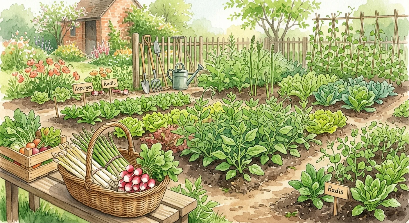 récolte de radis et d'asperges dans un potager