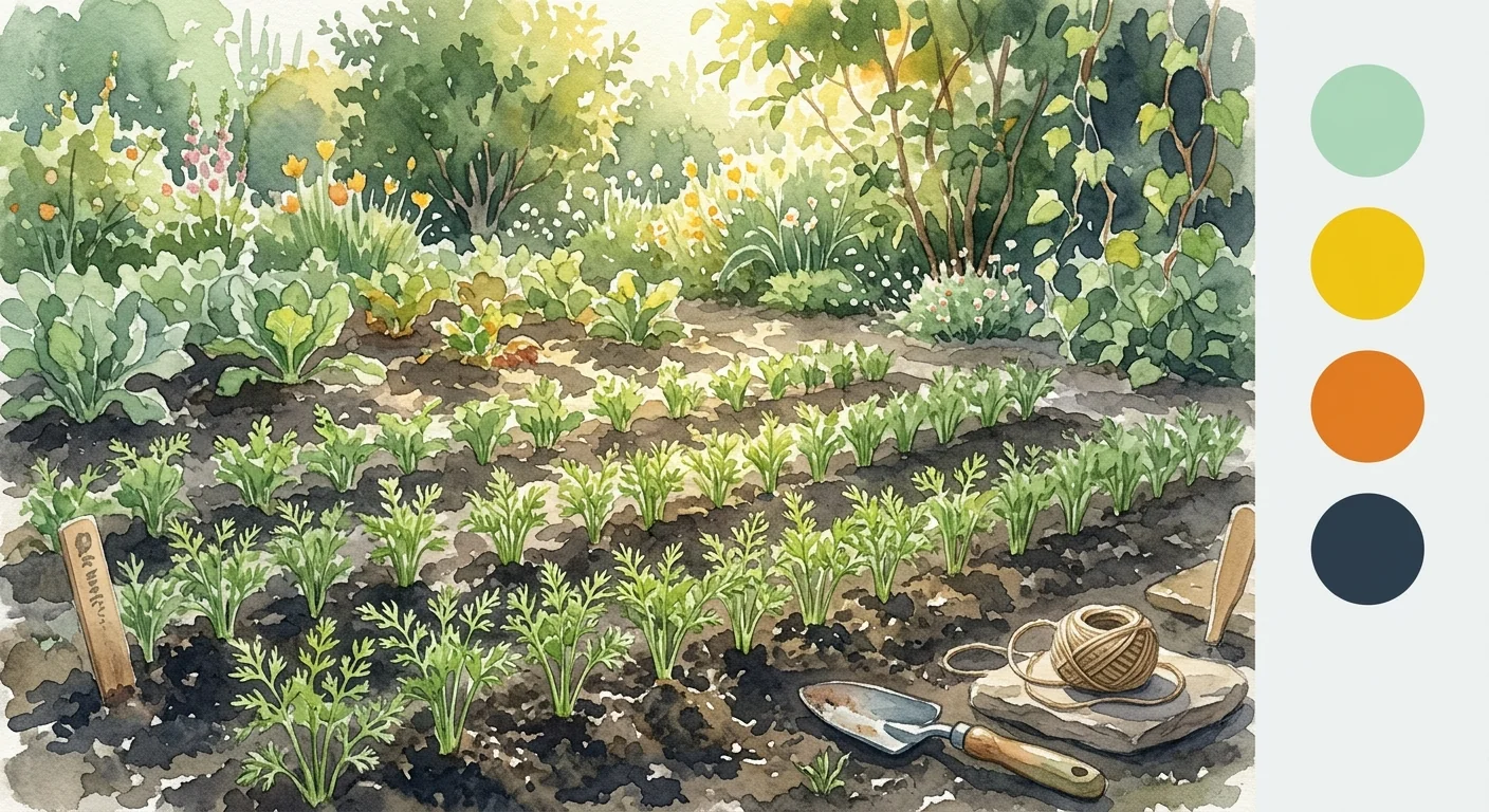 semis de carottes dans un potager en pleine terre, avec des rangées bien alignées