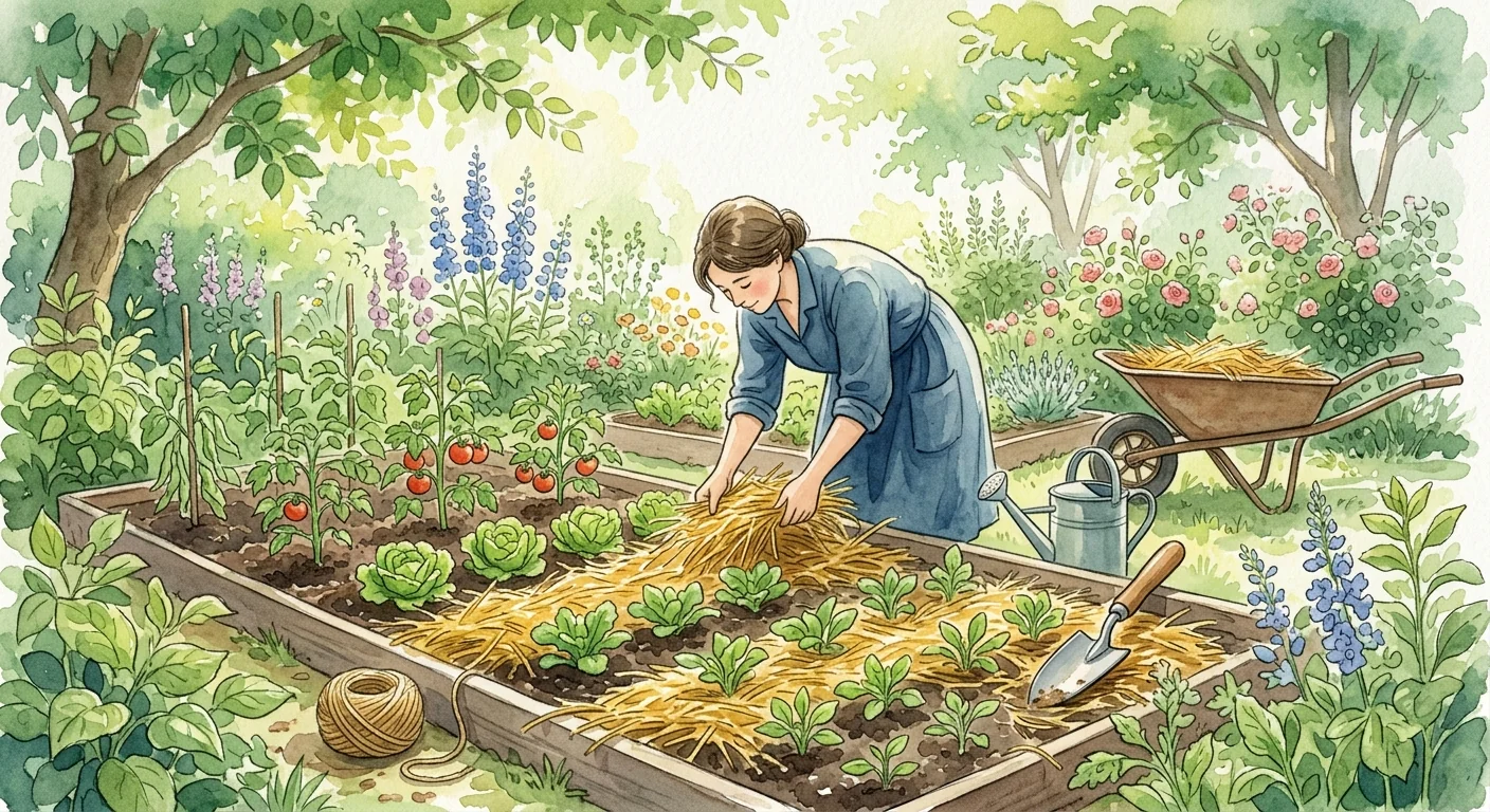 un jardinier en train de pailler ses plants de légumes avec de la paille