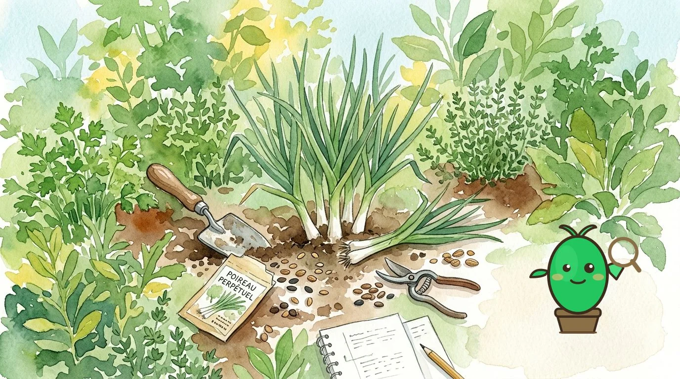 main de jardinier récoltant des feuilles de poireau perpétuel dans un potager bien entretenu
