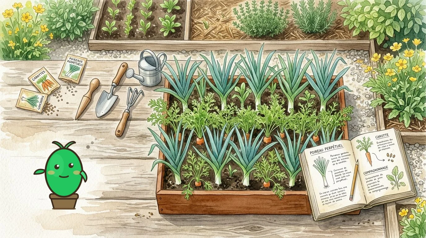 vue aérienne d'un potager avec des poireaux perpétuels associés à des carottes